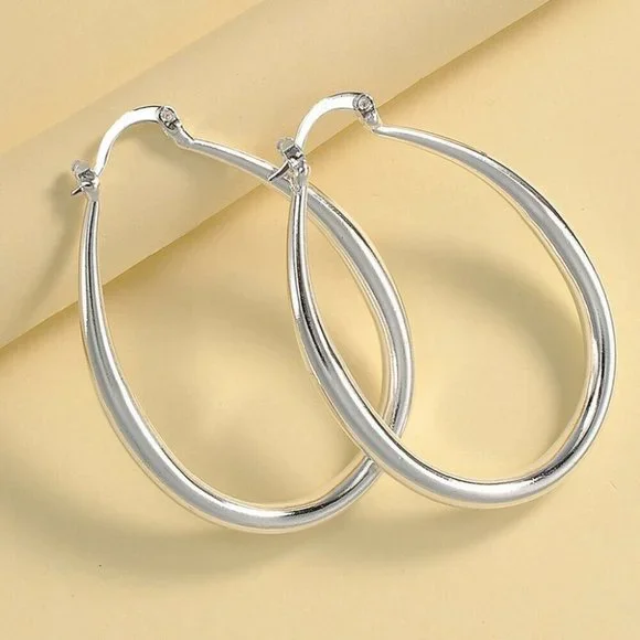 Classy 925 Silver Oval Hoops 2" - Picture 2 of 3